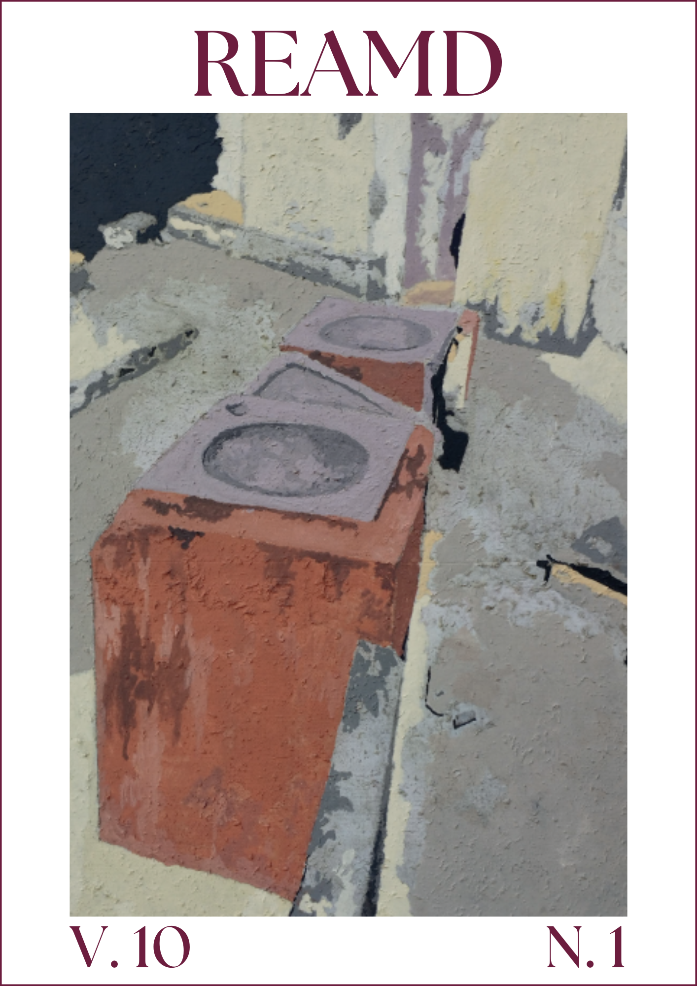 Capa do Volume 10, número 1, com a obra Tanques, da série Lapidarium, de Hortência Moreira. A imagem apresenta tanques construídos a partir de colagem e técnica mista de pintura sobre tela, resultado da apropriação e transformação de fragmentos e ruínas arquitetônicas. Obra de 2024, com dimensões de 30 × 40 cm.